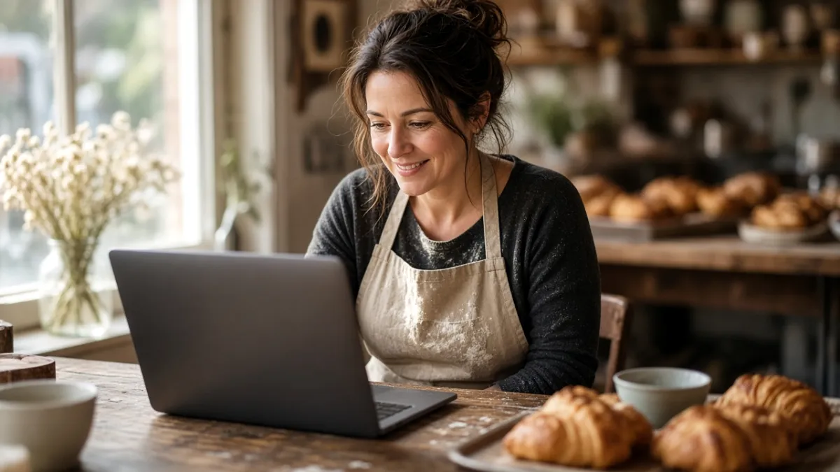 Bakery owner smiling while reviewing her new website on a laptop