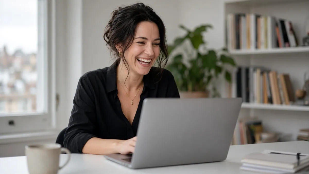Business coach laughing on a video call in her home office