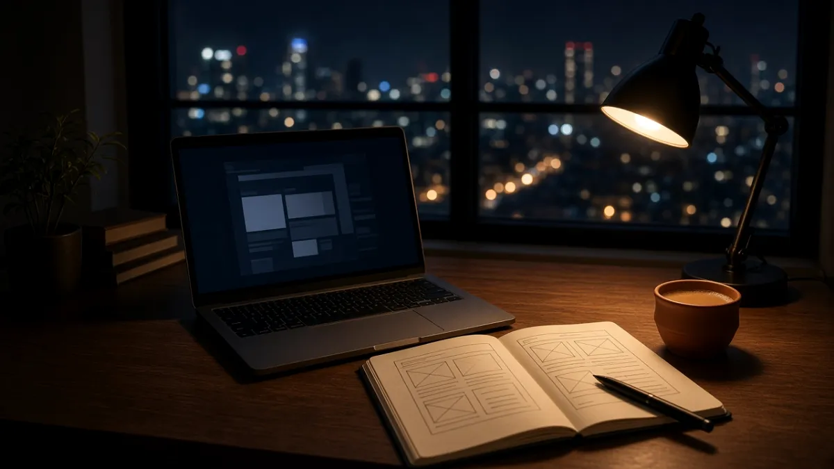 Designer's desk at night with a laptop and hand-drawn page sketches