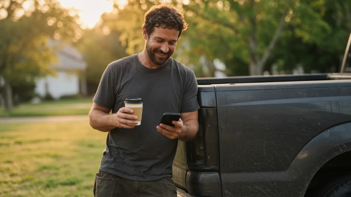 Landscaping business owner checking his phone beside his truck