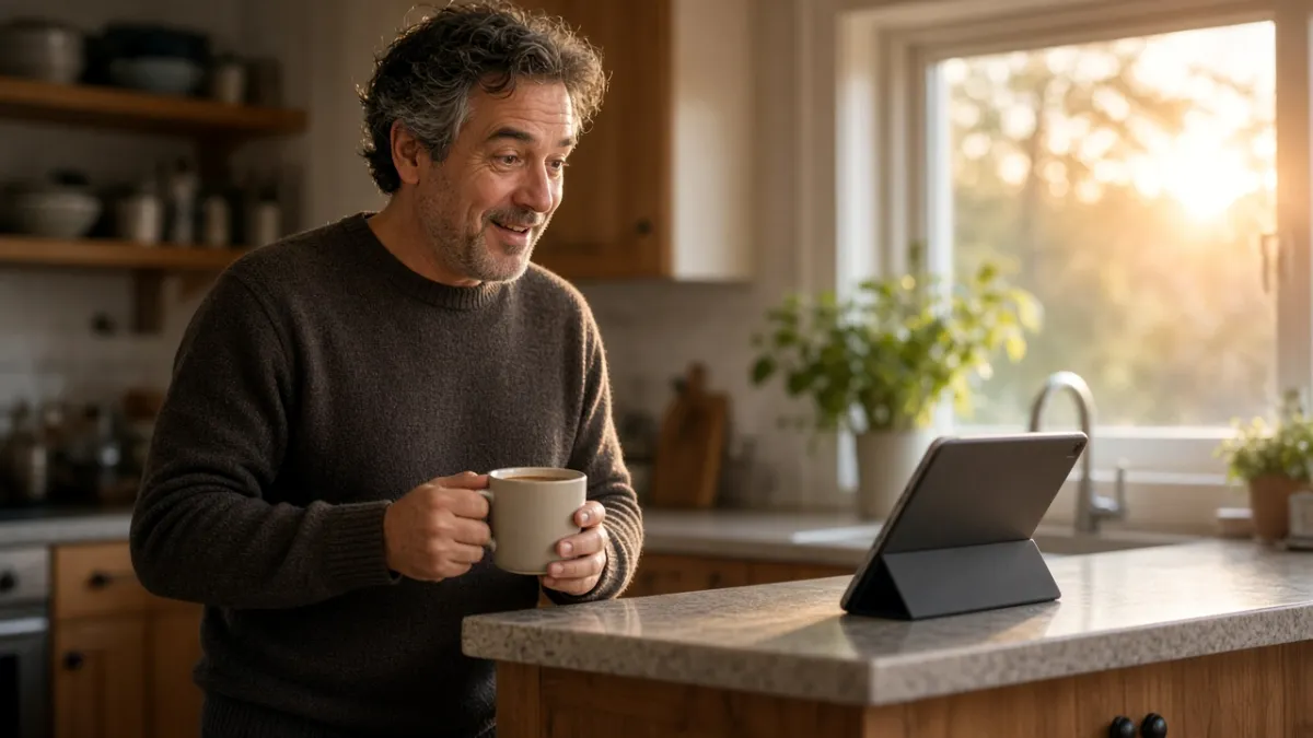 Business owner with coffee reviewing work in the morning